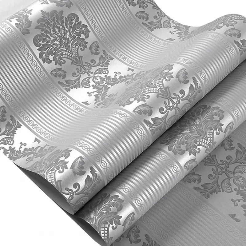 20.8in X 374in silver-gray luxury glitter Decorative Wallpaper with striped floral embossed texture, minimalist decoration (non-self-adhesive type) requires self-application of glue