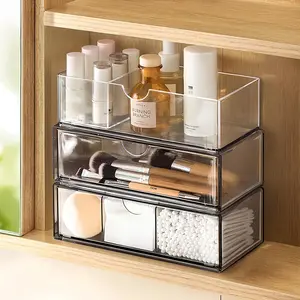 Cabinet Organizer 3 Pack, Plastic Stackable Storage with 2 Drawers, Bathroom Mirror Cabinet Organizer with Removable Dividers for Wall Cabinet, , Countertop, Clear