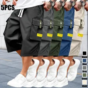 5PCS Men’s Summer Casual Cargo Shorts – Elastic waistband design, multiple pockets and letter pattern, regular fit with mid-to-high waist, non-stretch fabric, suitable for everyday wear and casual activities, non-see-through fabric, menswear, minimalist s