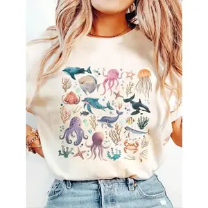 Women's T-shirt with marine animal print, marine nature T-shirt, marine life T-shirt with whale, orca and dolphin, oceanographer scientist T-shirt, ocean gift