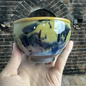 Enchanting Jianzhan Cup: Miniature Landscape Painting in Ceramics with Deep Blue Patterns & Green Gradient Interior for Tea Enthusiasts & Art Lovers