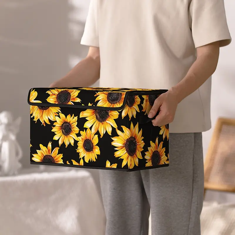 Sunflower Pattern Printed Storage Box with Lid and Handles, Home Storage Ideal for Bedroom Closet Organization and Underbed Storage, Perfect for Clothes Blankets and Toys