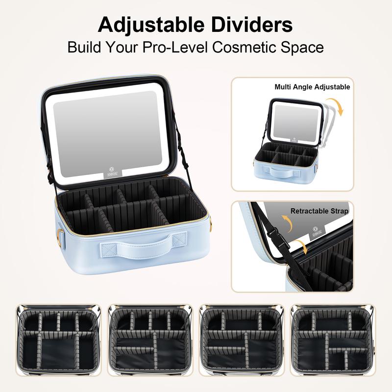 Makeup Bag with LED Mirror, Light Travel Makeup Train Case for Women, Cosmetic Bag Organizer, Portable Artist Storage Bag with Adjustable Dividers Makeup Brushes Storage Organizer and 3 Color Lights