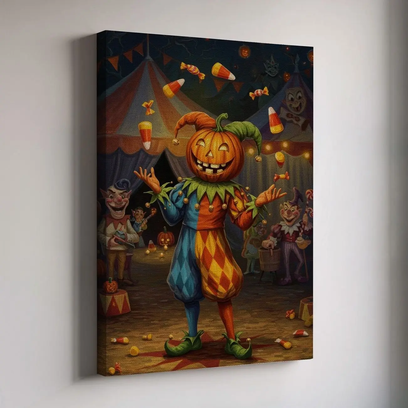 Halloween Pumpkin Jester Canvas Wall Art, Spooky Circus Clown Print, Colorful Haunted Carnival Decor for Living Room, Kids’ Room or Gift