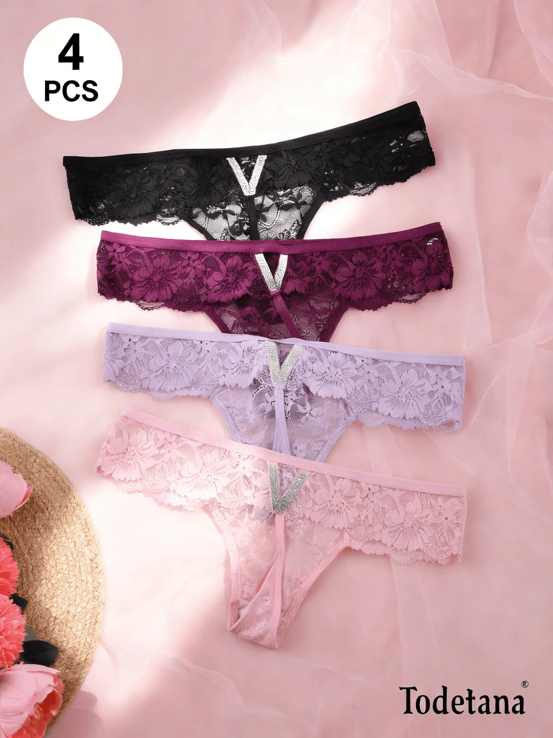 4pcs Women’s Lace Thong Panties, Soft Breathable G-String Underwear, Low-Rise T-Back Bikini Briefs, Lightweight Daily Intimates Set