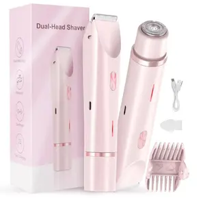 Bikini Trimmer for Women, Electric Shaver and Razor Rechargeable 2-in-1 Body and Facial Epilator, Dual Heads for Painless Trimming of Pubic Hair, Face, Underarms and Legs, IPX7 Waterproof,Outdoorfun,Christmas New Year Gift Shaving Grooming