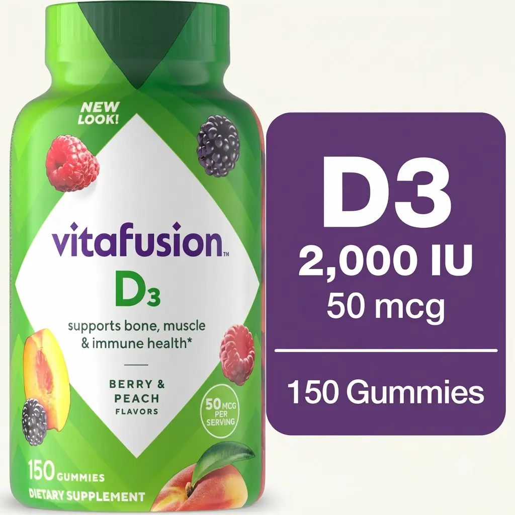 vitafusion Vitamin D3 Gummy Vitamins 50 mcg 150 Count Peach Blackberry Strawberry Flavor Bone Immune Health Supplement