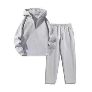 Two-piece tracksuit set for women and men, basic, regular fit, casual, drop shoulder, half zip, hoodie and pocket, drawstring