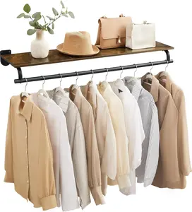 Clothes Rack with Top Shelf, Wall Mounted Clothing Rack, with Hanging Rod, Loads up to 132 lb, 11 x 42.9 x 5.2 Inches, Entryway, Bedroom, Closet
