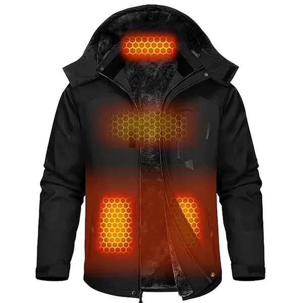 Wulcea Men's Plain Heating 6-Zone Graphene Heated Coat - Menswear Long Sleeve Hooded Fleece Lined Water-Wind Resistant, 12V 18400mAh Fast-Charging Power Bank Included Multi-Sport Outdoor Outerwear, Machine Washable