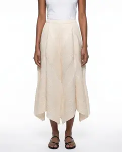 Cream Sculptural Pleated Wide Leg Pants with Elastic Waist Detail