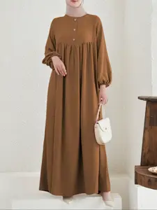 Women's Fashion Casual Humble Round Neck Natural Color Button Dress, Classy Modest Dresses, Loose-Fitting Plain Style, All Seasons Wear