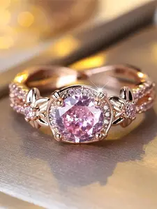 Trendy Pink Red Zirconia Round Stone Vintage Rose Gold Color Wedding Bands Engagement Rings For Women Men Minimalist Jewelry