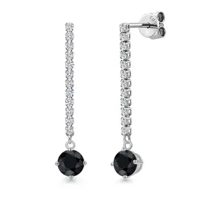 14K White Gold Black Sapphire and White Lab Grown Diamond Long Liner Dangle Earrings for Women | 1.74 Cttw | Gemstone September Birthstone | Round 5MM | White Gold Chain Drop Earrings
