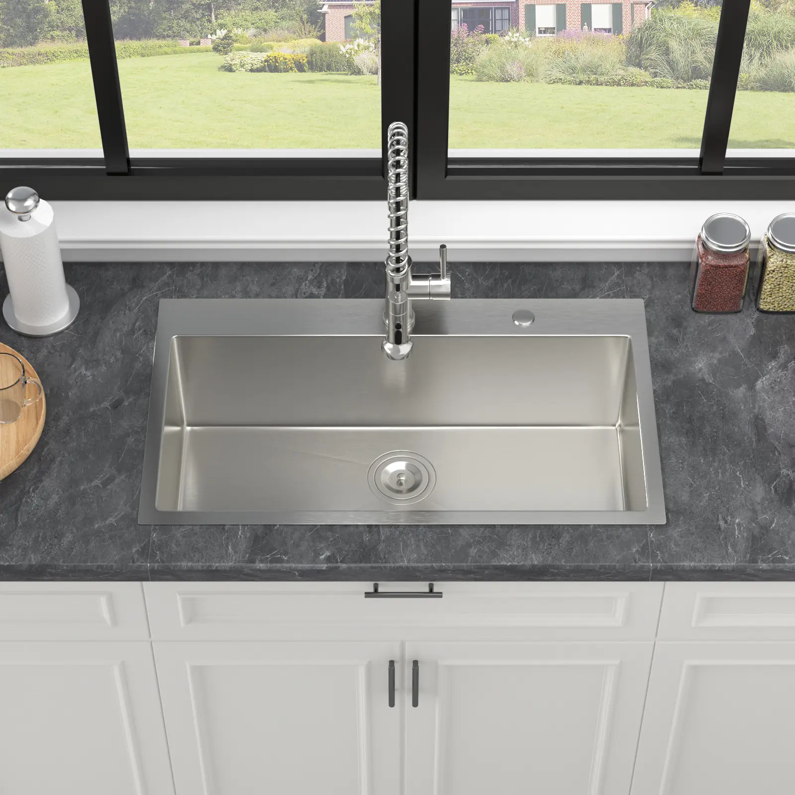 33-Inch Topmount Drop-In Kitchen Sink, 16-Gauge Stainless Steel, 9-Inch Deep Single Bowl, Brushed Nickel Finish, Includes Drain Strainer
