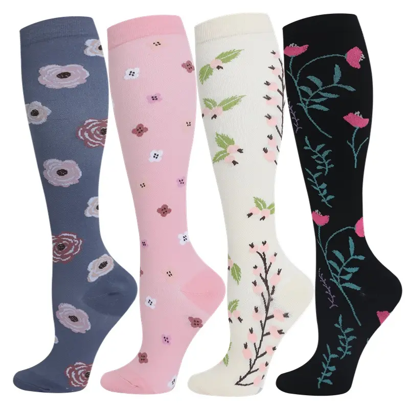 4 Pairs Elegant Floral Print Compression Socks for Women & Men, Knee High 15-20mmHg Graduated Compression Support, Comfortable Everyday Socks for Work, Travel, Casual Outfits & Daily Wear