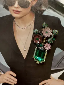 ESEL Bouquet Brooch in Gift Box, Vintage Cooper Crystal Unisex Pin Accessory - Blue, Green, Pink