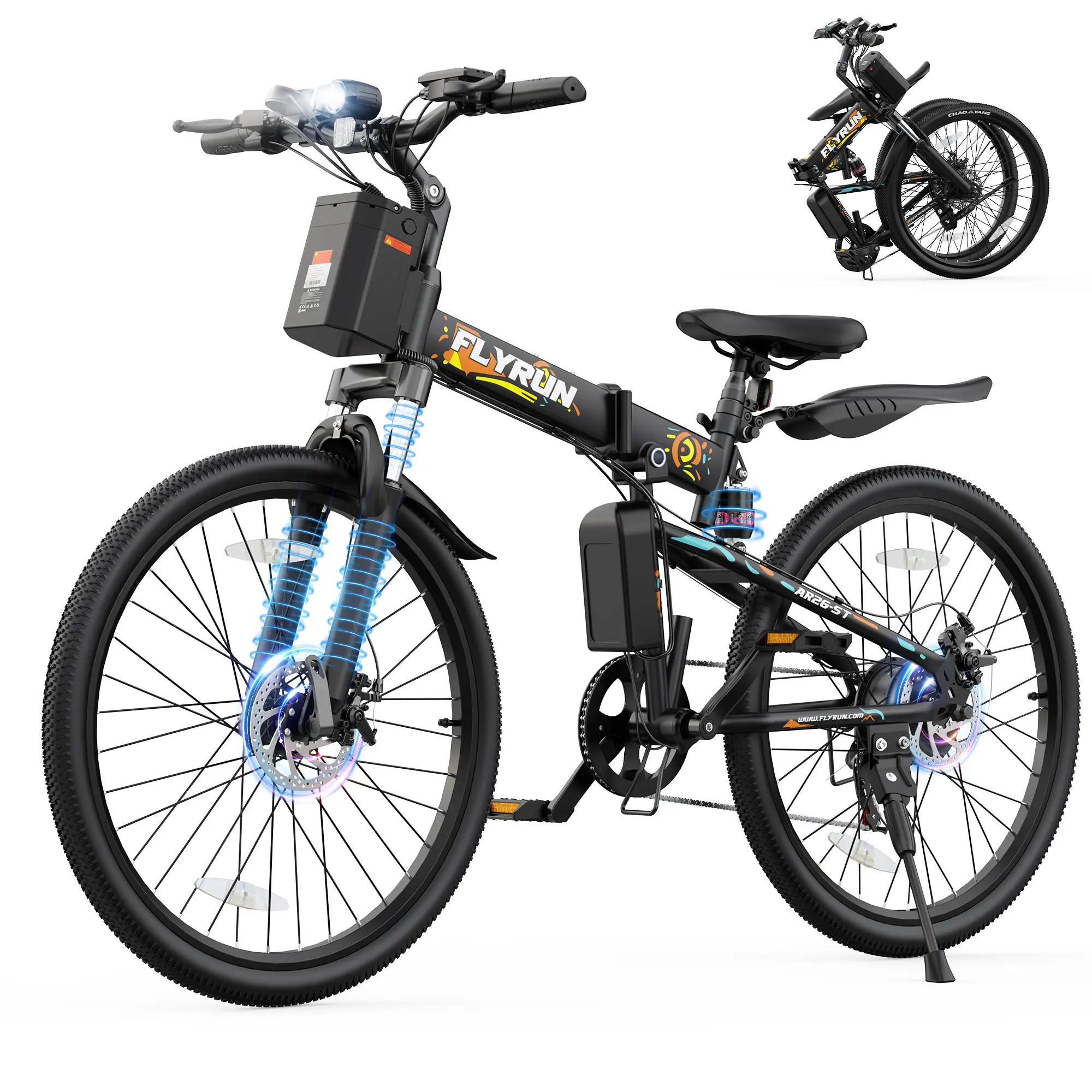【FLYRUN】Foldable Ebike with 750W Peak Powerful Motor, 4-6H Fast Charging, 50-Mi Range, 20 MPH Top Speed, Dual Disc Brakes, Dual Shock Absorbers, Triple Suspension System, 4 Riding Modes for All Terrains, UL Certified