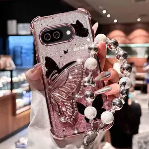 Fashion Strap Lanyard Beautiful Black Butterfly PC Protective Phone Holder Case with Shockproof Protector For Compatible with Google Pixel 9A Accessories