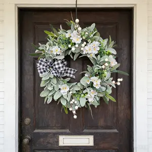 1 American-Style Floral Wreath – Farmhouse-Style Wall Hanging Decor, Hanging Decoration, 17.7-Inch Diameter; Features Faux Lamb's Ear and Olive Branches, Plus a Charming Bow; Ideal for Easter and Mother's Day.