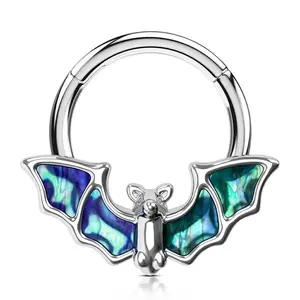 Oufer 16G Abalone Shell Bat Hinged Septum Helix Daith Piercing Hoop Ring Halloween 316L Stainless Steel 8mm 10mm