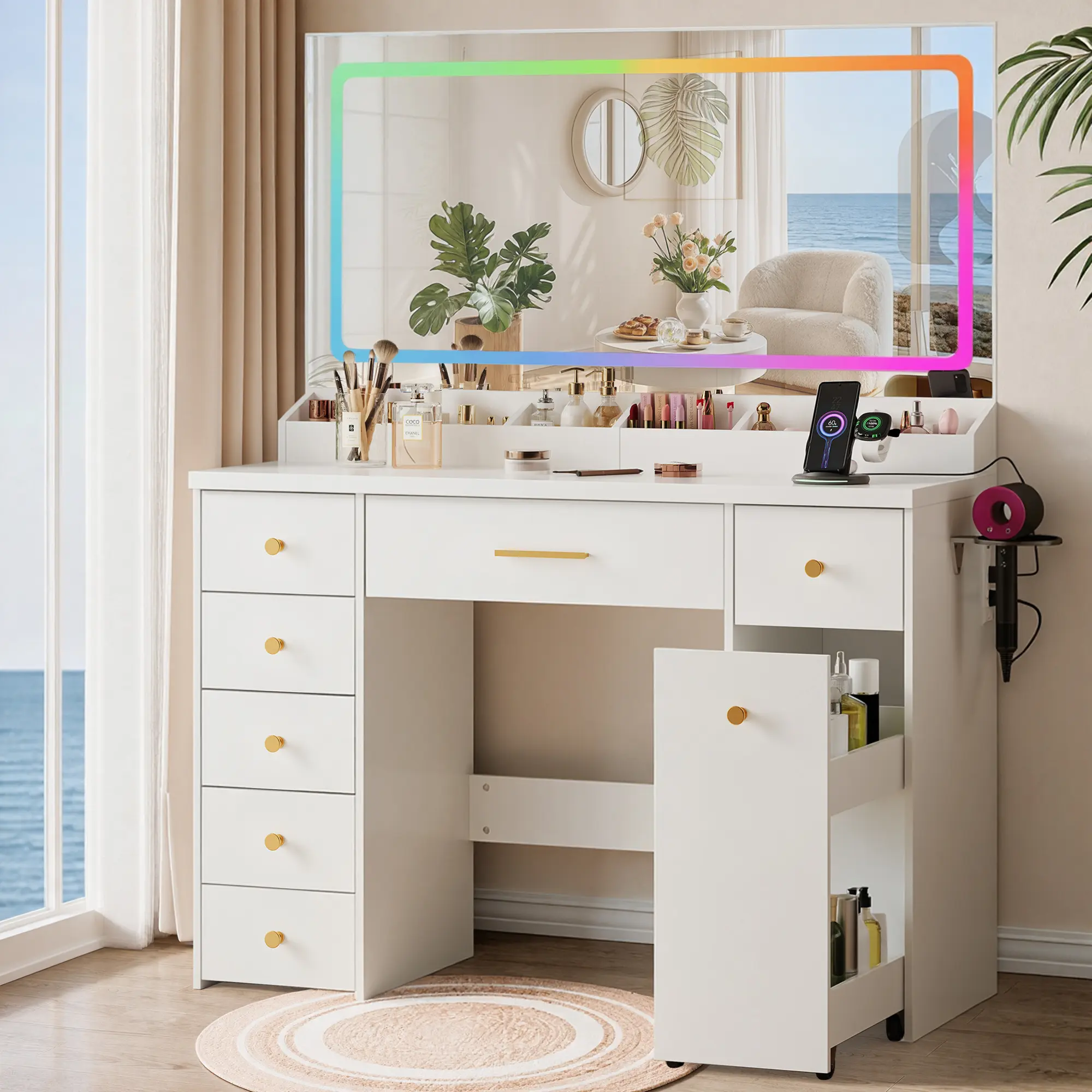 7-Drawer Brightly-Lit Makeup Vanity with Large Mirror, Hair Dryer Holder, Rolling 2-Tier Sliding Cabinet, Power Outlet - Portable Vanity for Bedroom Organization