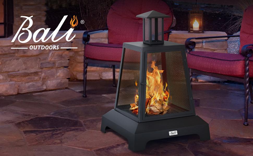 BALI OUTDOORS 27.5" Square Chimenea Wood Burning Fireplace – Iron Fire Pit with Fire Poker, Mesh Spark Screen & Charcoal Grid for Garden and Backyard BALI OUTDOORS 27.5" Square Chimenea Wood Burning Fireplace – Iron Fire Pit with Fire Poker, Mesh Spark Screen & Charcoal Grid for Garden and Backyard