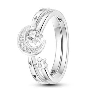 NARMO 925 silver-plated double ring moon and star ring, white gold-plated celestial stackable ring, inlaid with cubic zirconia, is the best holiday gift for girls and women