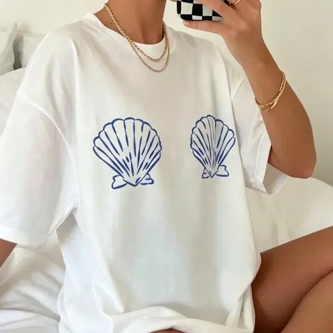Women's Y2K Printed Cotton Fabric Loose Round Neck Oversized T-Shirt - Trendy Aesthetic Streetwear Sports Top for Beach, Everyday Casual Wear