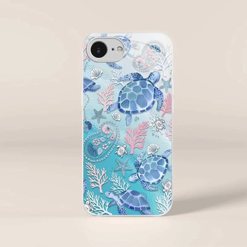 Protective Watercolor Sea Turtle Phone Case for iPhone 16e, Coastal Aesthetic Ocean Scenery Seashell Casing, TikTok Viral Phone Accessories for Girls
