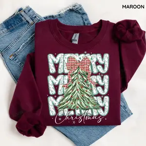 Coquette Floral Merry Christmas Sweatshirt, Preppy Bow Red Plaid Checkered Tree Shirt, Faux Glitter Cute Winter Gift, Xmas Long Sleeve