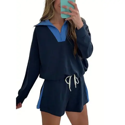 Fisoew Women's 2-Piece Cotton Solid Tracksuit Set - Ribbed Color Block Collared Half-Zip Long-Sleeve Sweatshirt, Adjustable Drawstring Elastic Waist Shorts, Stripe Contrast Trim, French Terry, Drop Shoulder, Soft Lounging Home Outfits, Matching