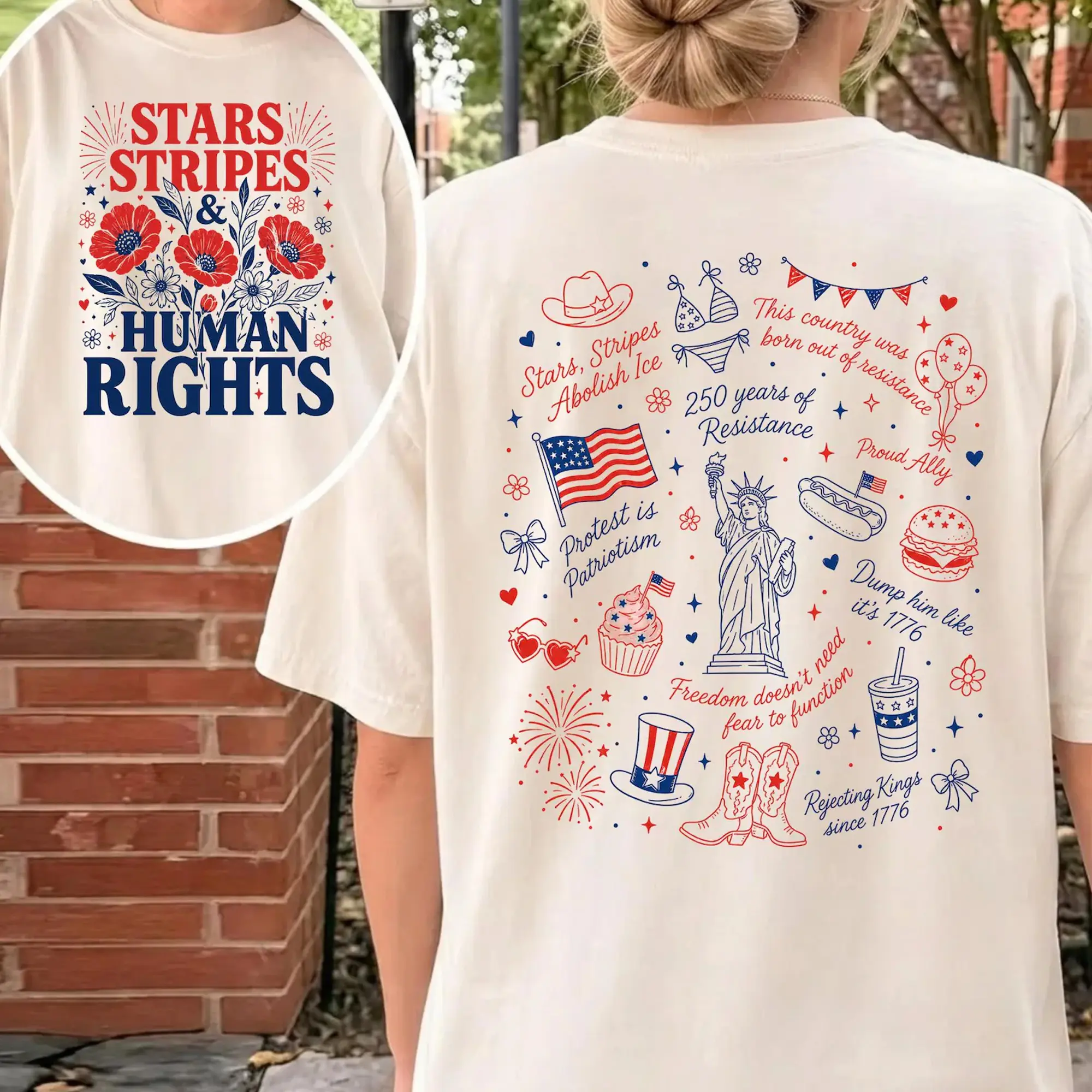 Stars Stripes and Human Rights Shirt, Subtle Doodle Liberal 4th Of July Tee, Human Rights Activist Tee