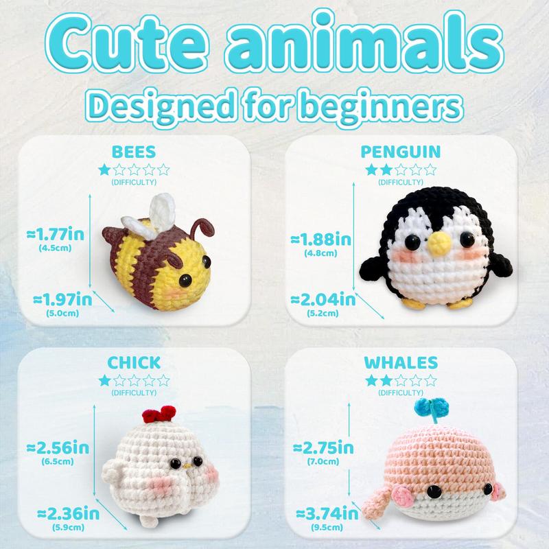 4 PCS Animals Crochet Set with Step-by-Step Video Tutorials, Penguin, Bee, Chicken, Whale, Crochet Set for Beginners, Crochet Animal Kit For Beginners Include Videos Tutorials,Yarn,Seam Markers,And Instructions,(Random Color）, Crochet Items