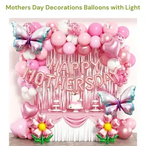 Mothers Day Decorations Balloons with Light, Pink Confetti White Butterfly Flower Foil Balloons Mother Gift