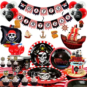 Pirate Birthday Party Decorations, 161 pcs Pirate Theme Party Supplies Include Pirate Theme Balloons Banner, Pirate Party Plates and Napkins Cups Tablecloth etc Pirate Party Tableware for Boys Kids