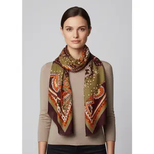 Vintage Look Elegant Floral Paisley Damask Soft Eyelet Fringe Long Scarf Shawl (Olive-Purple-Orange)