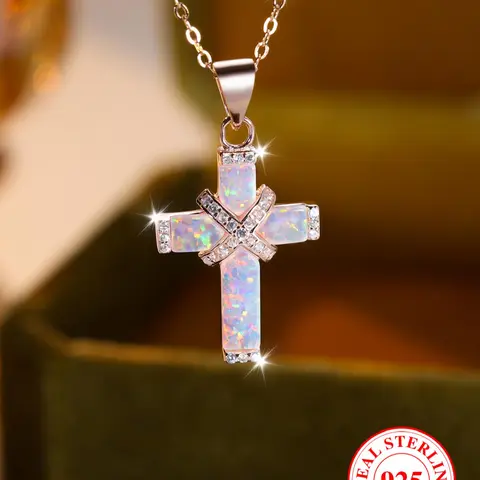 925 Sterling Silver Fashion Colorful Cross Pendant Necklace with Box, Elegant Jewelry for Women for Party, Daily Decor, Trendy Jewelry for Birthday Gift, Classic Cross Pendant, Cross Necklaces