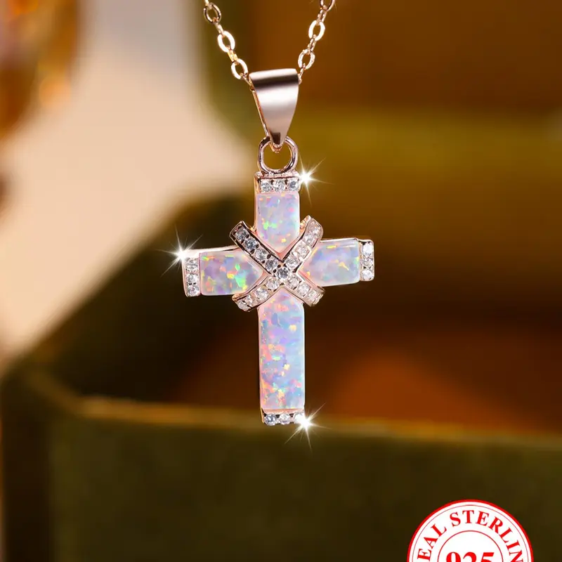925 Sterling Silver Fashion Colorful Cross Pendant Necklace with Box, Elegant Jewelry for Women for Party, Daily Decor, Trendy Jewelry for Birthday Gift, Classic Cross Pendant, Cross Necklaces