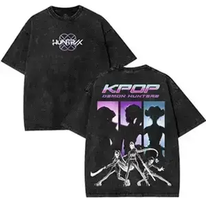 Huntrix Limited Oversized Washed Tee 2.6Huntrix Demon Hunter Movie TV Shirt Vintage Washed Oversized Graphic Tee Unisex Heavyweight Cotton T-Shirt Korean Streetwear Top Men Classic Prints Menswear Seamless Smooth Tshirt