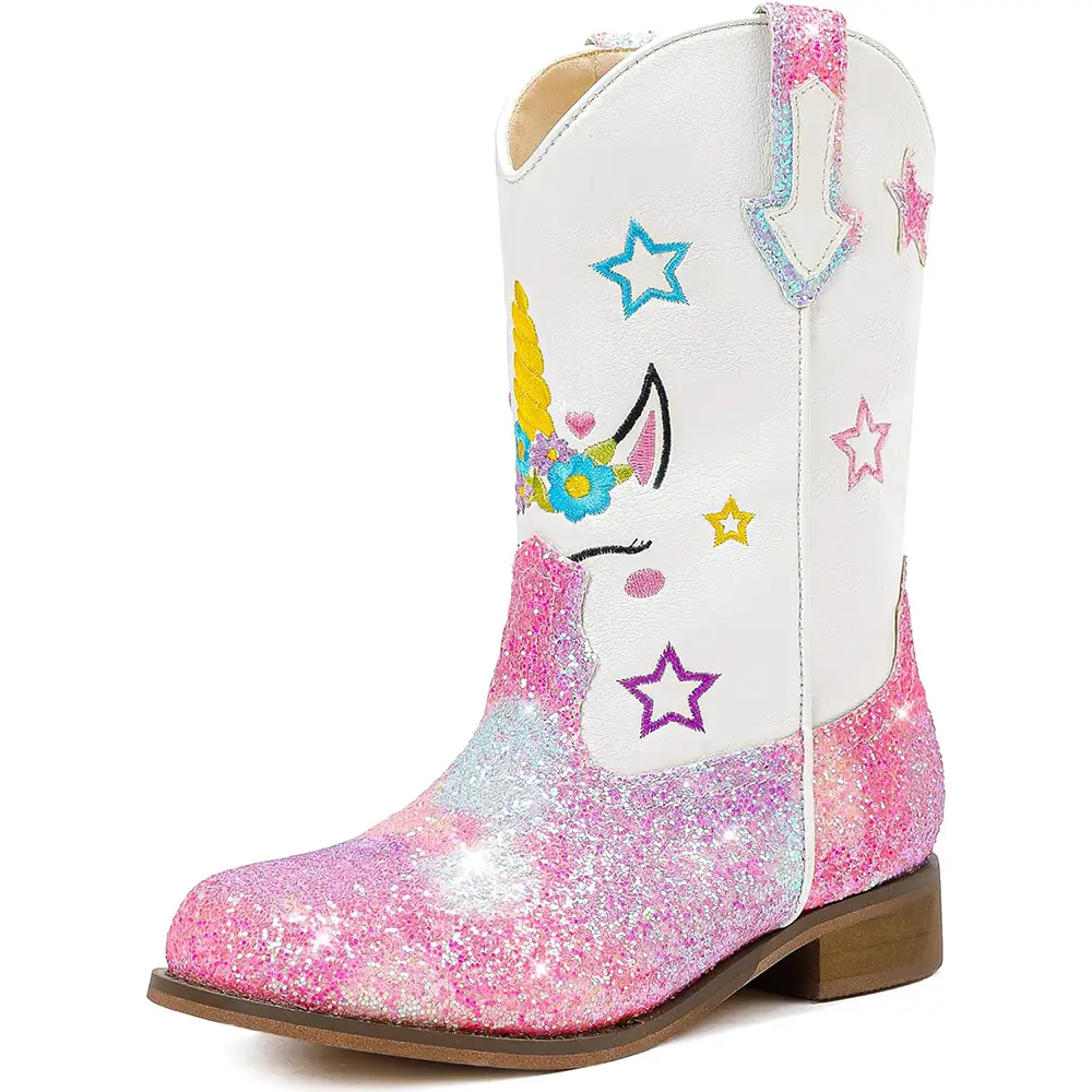 Unicorn Girls Cowgirl Boots Mid Calf Square Toe Glitter Toddler Western Cowboy Boot Little Kid Big Kid Riding Shoes Princess Dress Up Party Birthday D