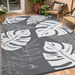 Outdoor Rug Waterproof 9x18 Reversible Mat Leaf Tropical Patio Rug with 4 Stakes and Starage Bag Portable Outdoor Area Rug for Camping Porch Deck Rv Balcony Backyard Beach, Grey