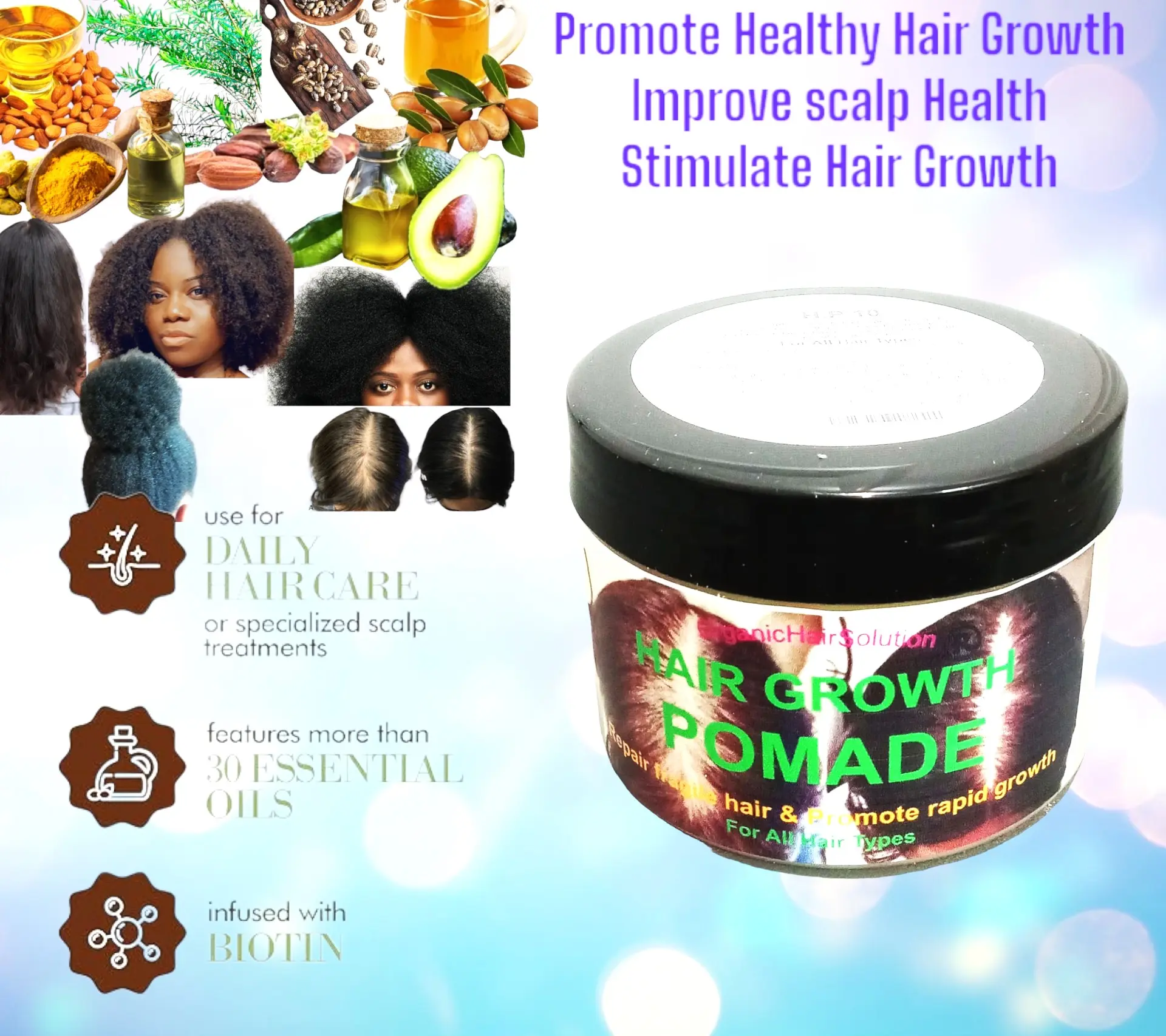 Hair Growth Pomade Grease with Mango butter, Peppermint Oil, Tea Tree Oil, Argan oil, Jojoba seed, Avocado oil, Castor oil, Sweet Almond, Vitamin E Oil for Scalp and Hair Haircare Organic