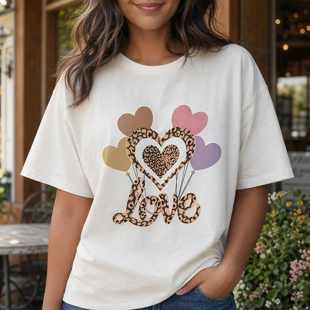 Leopard Print Love Graphic Tee Women Plus Size Cute Heart Shirt Valentine Top