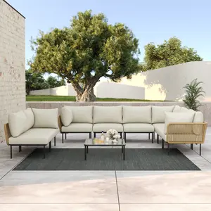 LayinSun 9-Pieces Aluminum Patio Furniture Set, Modern Modular Sectional Sofa with Coffee Table and Upgrade Thickness Cushion, Multiple Packages