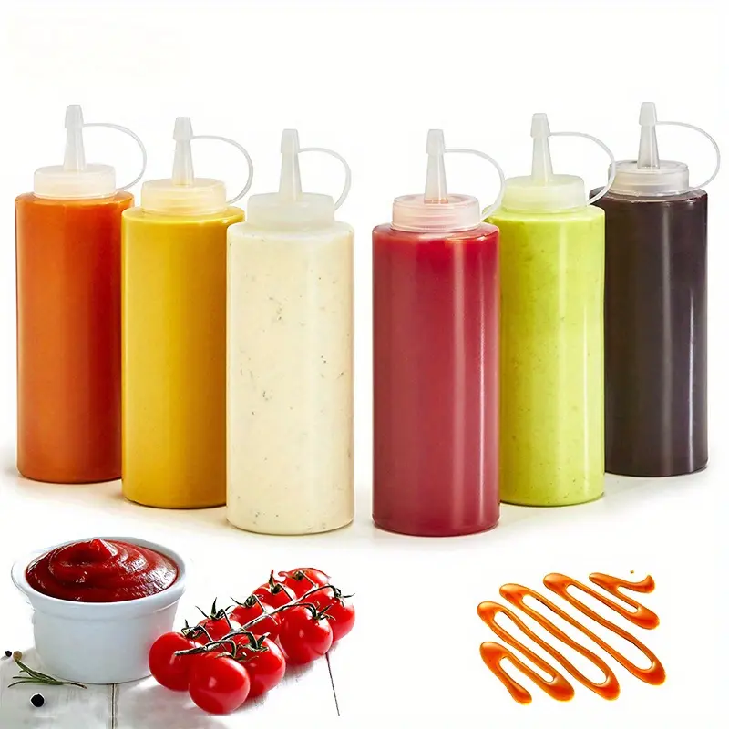 3/5/6Pcs 240ml Plastic Squeeze Condiment Bottles Leakproof Tip Cap Dispenser For Ketchup Mustard Sauce Kitchen BBQ Storage