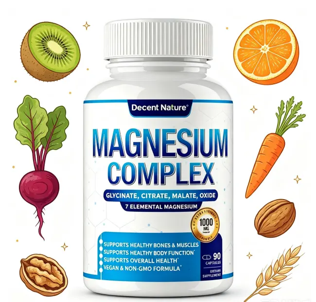 High Absorption 8 Forms Magnesium Glycinate Complex 1000mg, Chelated Citrate Malate Taurate Blend, 90 Natural Capsules for Daily Healthcare & Fitness