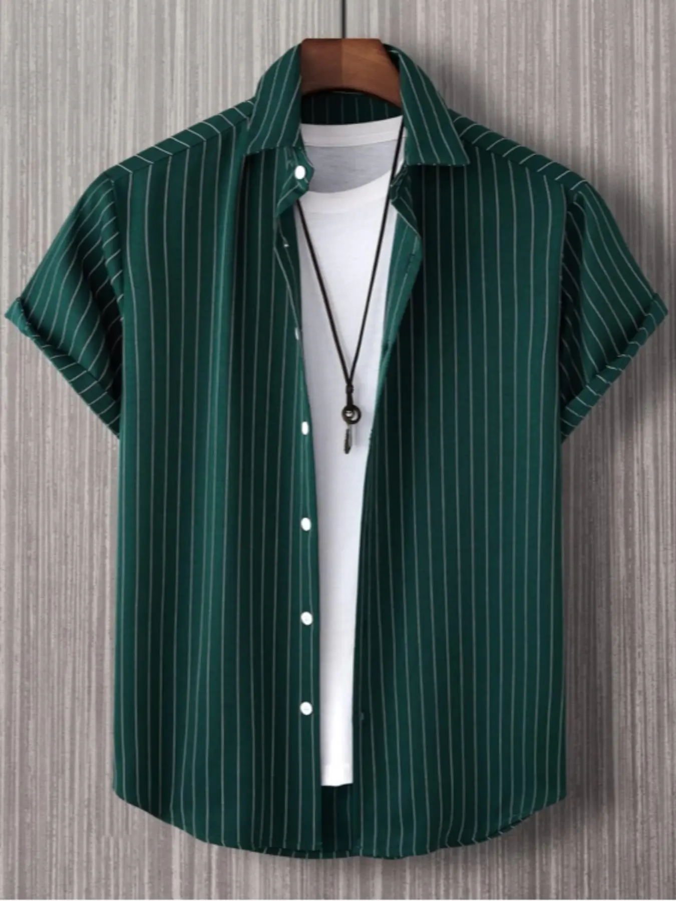 Homme Men Striped Button Front Urban Casual Classic Plain Short Sleeve Shirt Without Tee, For Husband, Green And White Striped Shirt, Dark Green Striped Shirt, Men's Green Striped Shirt, Green Striped Button-Down Shirt, Menswear, Button Up, Tops