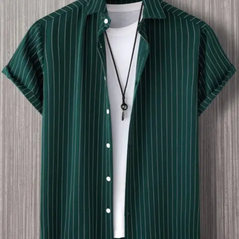 Men Striped Button Front Urban Casual Short Sleeve Shirt Without Tee, For Husband, Green And White Striped Shirt, Menswear, Button Up, Tops, Summer Shirts