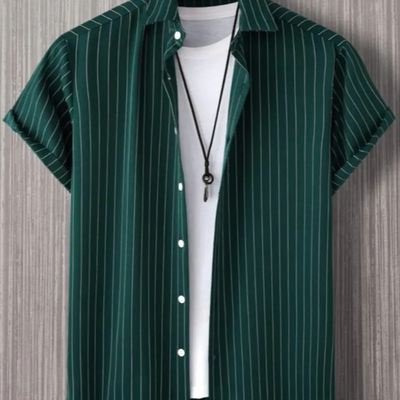 Men Striped Button Front Urban Casual Short Sleeve Shirt Without Tee, For Husband, Green And White Striped Shirt, Menswear, Button Up, Tops, Summer Shirts